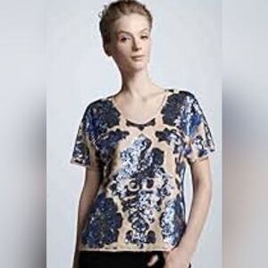Tracy Reese Sequin Floral Blouse - Blue and Tan